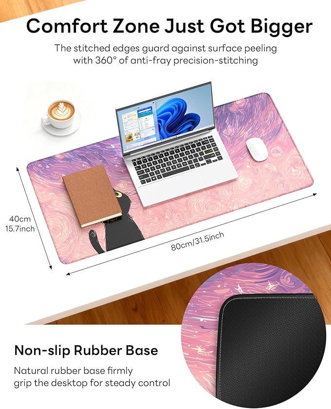 XL Gaming Mouse Pad, 31.5x15.7'' Large Desk Mat with Anti-Slip Rubber Base & Stitched Edges for Gaming, Office, Home, Van Gogh Cat