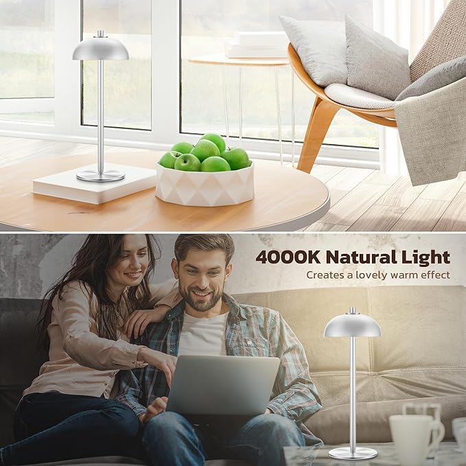2 Pack Cordless Table Lamp, 5000mAh Portable Rechargeable Table Lamp, 3 Color Modes Stepless Dimming Table Light with Memory Function, for Dinner, Patio, Home, Restaurant.(Sliver)