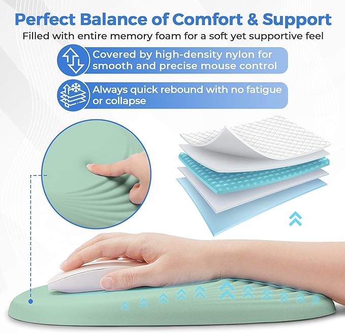 Ergonomic Mouse Pad with Wrist Support, Memory Foam Wrist Rest for Pain Relief & Carpal Tunnel, Non-Slip Base for Office, Computer, PC, Laptop (12x8x1.2inch, Light Green)