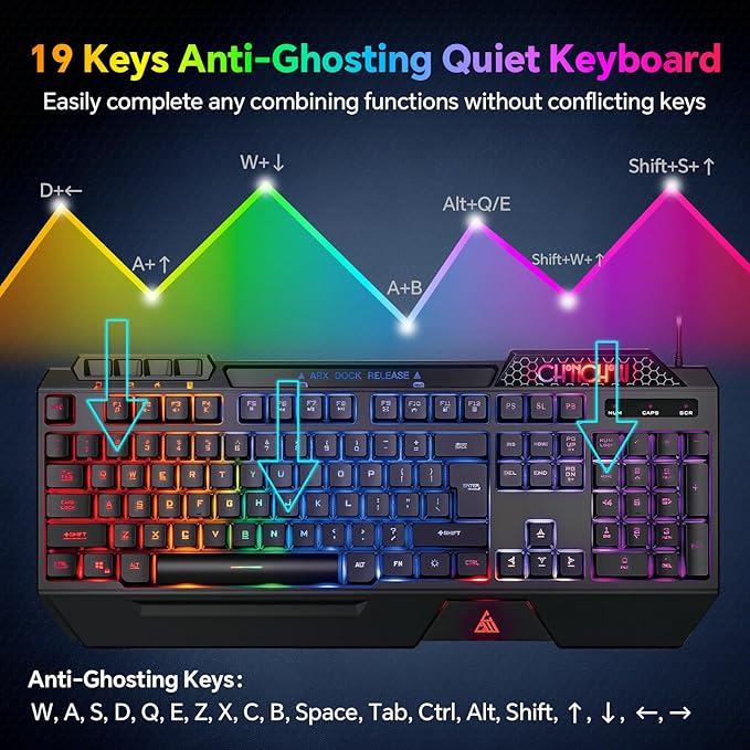 CHONCHOW Gaming Keyboard and Mouse Combo, USB Wired RGB Backlit Anti-Ghosting Silent Keyboard with Ergonomic Wrist Rest & Phone Holder, 7D 7200DPI Gaming Mouse for PC Gamer Xbox PS4 PS5 (RGB-Black)
