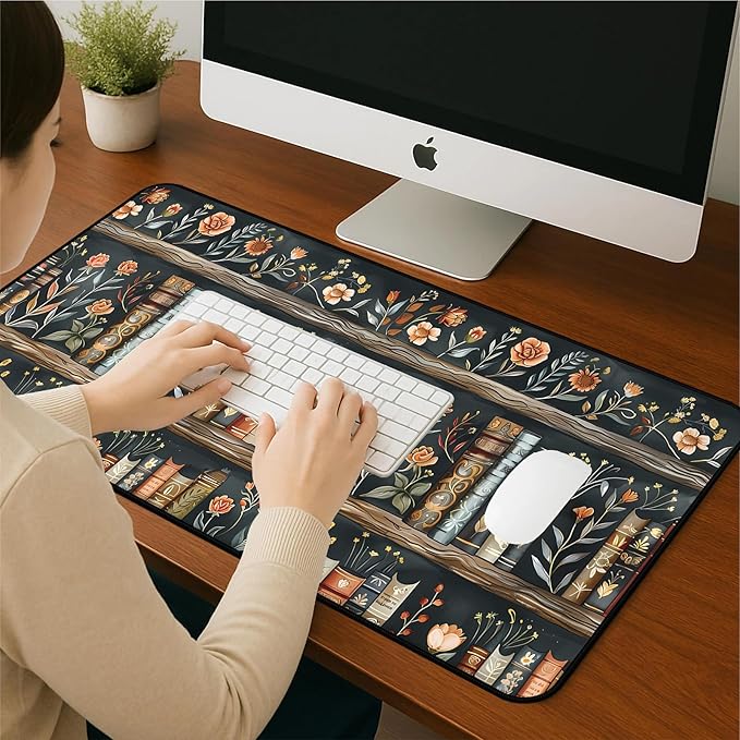 Vintage Flower Bookshelf Desk Mat, Library Book Mouse Pad Desk Pad, Extended Large Gaming Computer Laptop Keyboard and Mousepad, with Stitching Edges, for Women Office Desk Decor 31.5"X15.7"