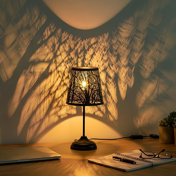 Touch Control Table Lamp, Black Metal Tree Pattern Shadow Lamp Lights Mini Lamps with dimmable 3-Levels Brightness Vintage Accent Decor Lamp Indoor Mood Lighting Bedroom Living Room (Black)
