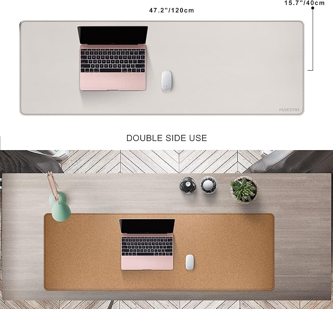MAIDERN 47.2" x 15.7" Cork & Leather Desk Pad, Large XXL Mat, Full Mouse Pad, Dual Sided Protector for Gaming Home Office (Cream)