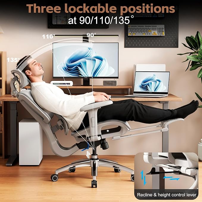 Vonesse Ergonomic Office Chair with Footrest, Desk Chairs with Adjustable 3D Headrest and Armrests, Computer Gaming Chair with Dynamic Lumbar Support & Adjustable Depth Breathable Mesh Seat (Grey)