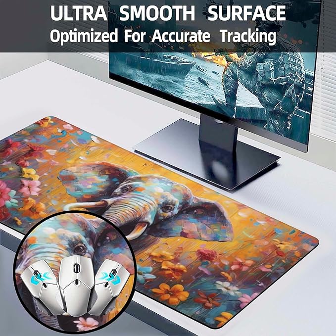 XL Mouse Pad,Elephant in Flower Blossom Large Gaming Mouse Pad,Cute Elephant Floral Desk Mat,Extended Big Computer Keyboard Desk Pad with Non-Slip Base and Stitched Edge 31.5"x11.8"