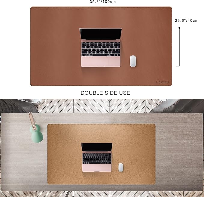 MAIDERN 40” x 24” Leather Desk Pad, Reversible Large Desk Mat, Cork & Leather Large Mouse pad for Desk, Waterproof Computer Desk Pad for Gaming Home Office (Brown)