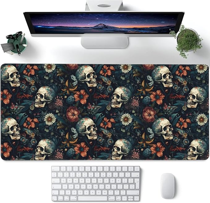 Desk Mat,Skulls with Flowers Large Gaming Mouse Pad for Desk XXL,Skull Floral Desk Pad for Desktop,Extended Big Computer Keyboard Mouse Pad with Non-Slip Base and Stitched Edges 35.4"x15.7"