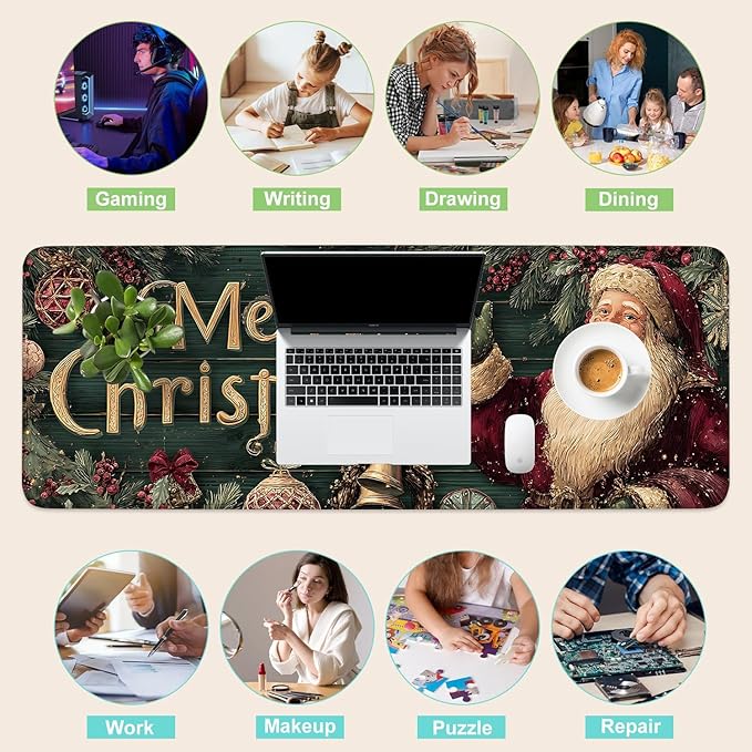 Desk Mat, XXL Extended Gaming Pad for Desktop, 31x12 Inches Vintage Santa, Large Non-Slip Vegan Leather Keyboard Mouse Mat for Home Office
