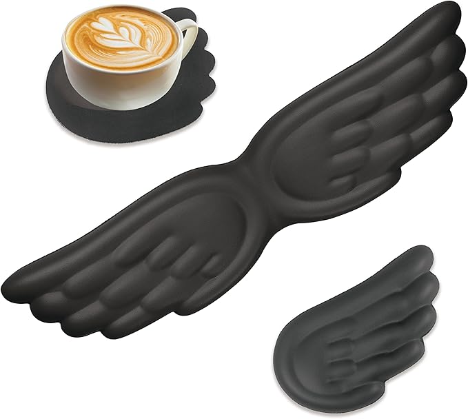 Angel Wing Wrist Rest,Cute Wrist Rest for Keyboard and Mouse,Hand Rests Set Include Ergonomic Keyboard & Mouse Hand Rest and Coaster,Filled Resilient Memory Foam,for Work,Study,Gaming (Black)