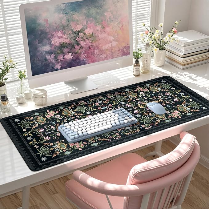 HAOCOO Elegant Floral Desk Mat, Vintage Aesthetic Mouse Pad Black, Flower Plant Extended Desk Cover Mat, 35.4" x 15.7" Non-Slip Computer Pad, Waterproof Desktop Protector for Office, Home, School