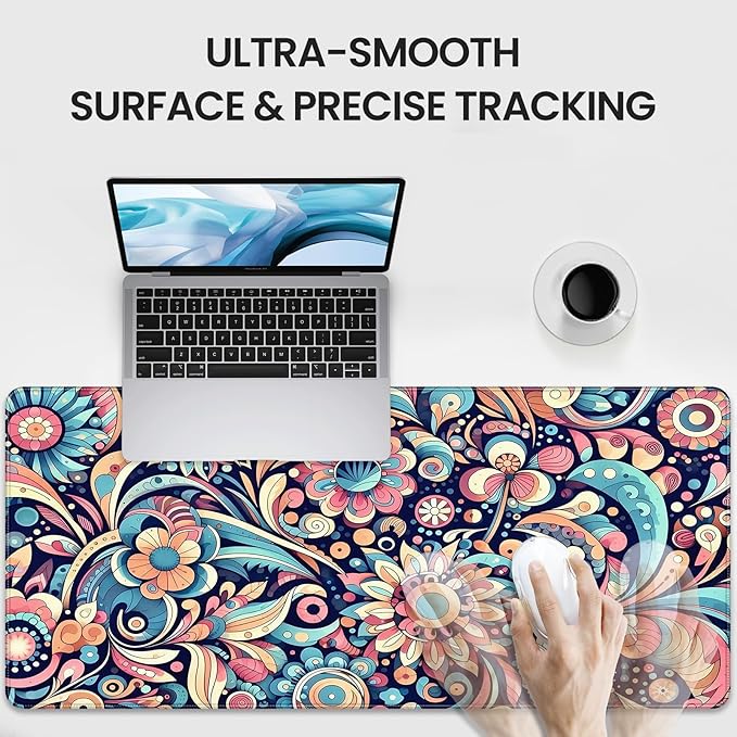XXL Gaming Mouse Pad, Bohemian Floral Pattern, 35.4 x 15.7 Inches, Microfiber Cloth, Non-Slip Rubber Base, Extended Desk Mat