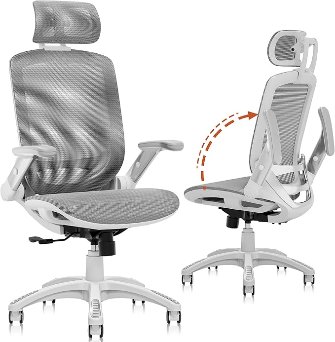 GABRYLLY Ergonomic Office Chair, High Back Home Desk Chair with Headrest, Flip-Up Arms, 90-120° Tilt Lock and Wide Cushion, 300LBS Mesh Chairs for Man Woman, White Task Chair(Dark Grey,GY01WDG)