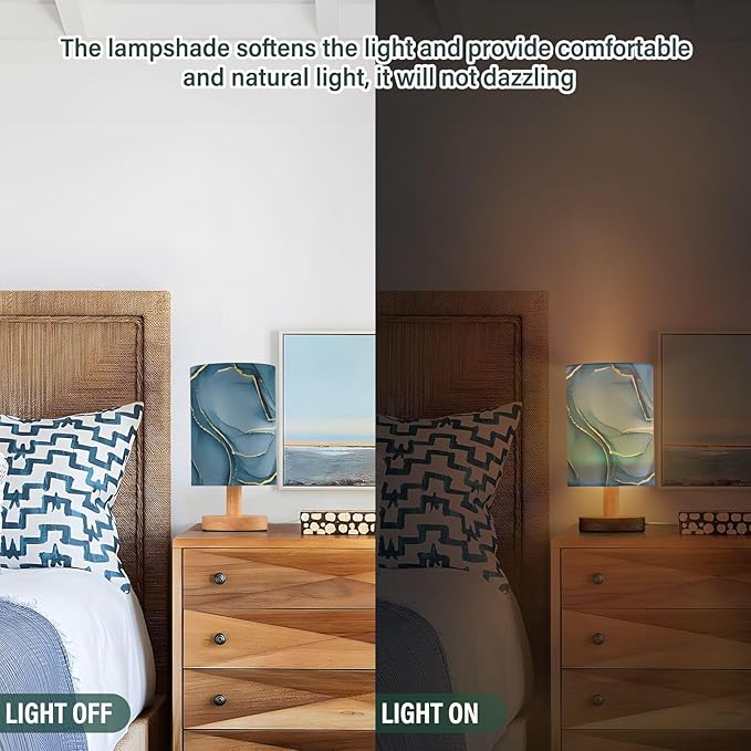 Blue LED Table Lamp, Bedside Lamp with Linen Lampshade, Flicker-Free Eye Care USB Plug in Nightstand Lamp, for Bedroom and Office