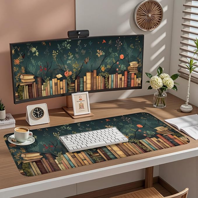 Cottagecore Blooming Floral Library Desk Mat- Book Lover's Garden Study Large Mouse Pad-Butterflies & Antique Books Writing Mousepad Desktop for Gaming Office Decor 31.5" x 15.7"