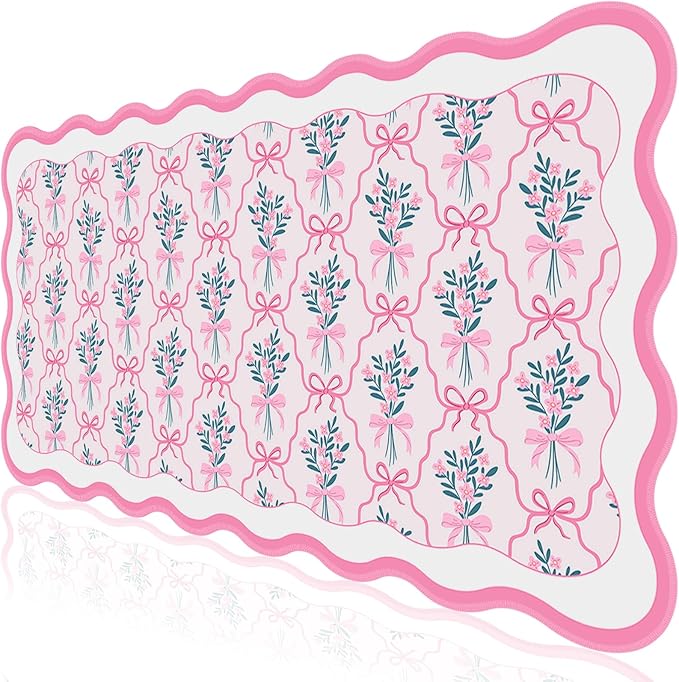L-SPOUTTO Pink Mouse Pad,Cute Desk Mat XXL Large Scalloped Gaming Mousepad,35.4x15.7in Non-Slip Rubber Base Keyboard Pad Waterproof Girly Desktop Mat for Laptop Computer Game Home Office-Flower Bow