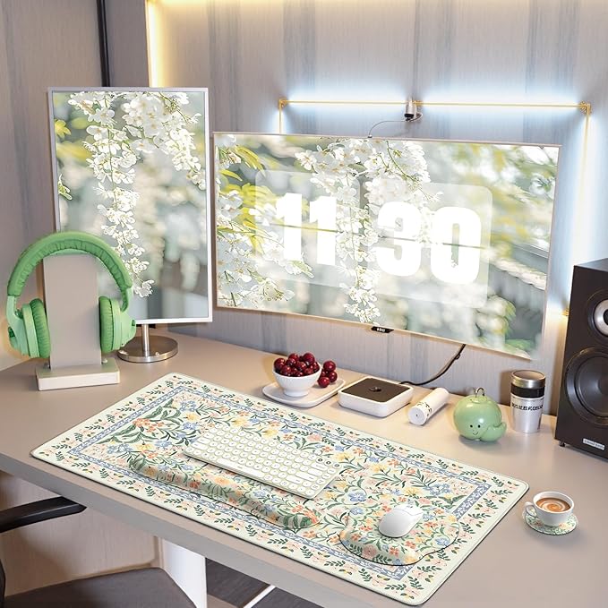 iCasso Green Desk Pad Mat, Large Mouse Pad and Keyboard Wrist Rest Set, Desk Protector Mat, 4in1 Ergonomic Keyboard Pad with Wrist Support for Desktop Home Office Computer Cover
