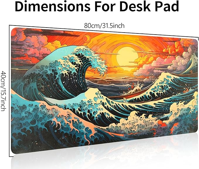 Japanese Sea Wave Desk Pad, Desk Matt for Desktop, Leather Mouse Pad, Waterproof Keyboard Mat, Non-Slip Computer Mat, Keyboard and Mouse Pad for Office Decor (31.5"x15.7")