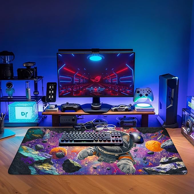 Cat Astronaut Extended Gaming Mouse Pad 35.4x15.7Inch Large Desk Mat Anti-Slip Rubber Base & Durable Stitched Edges for Gamers Smooth Mouse Writing Surface for Desk Office/Home