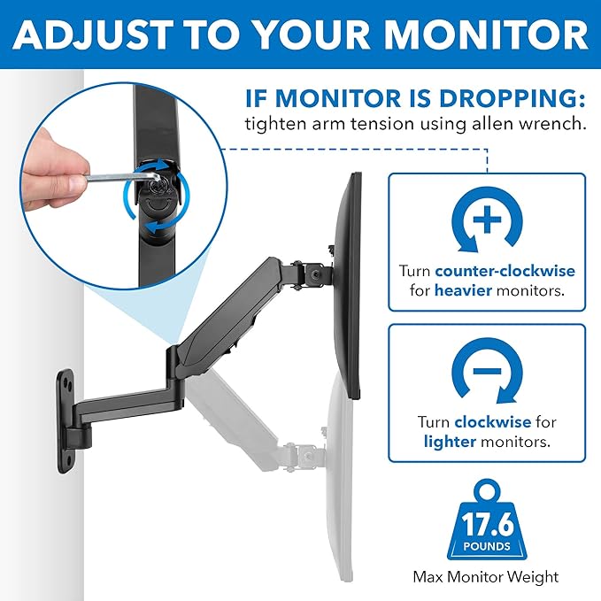 Mount-It! Monitor Wall Mount with Full Motion Gas Spring Arm | Height Adjustable Bracket for Flat Panel Screens Up to 32" | Fits VESA 75 and 100, 17.6 Lbs Capacity, Black