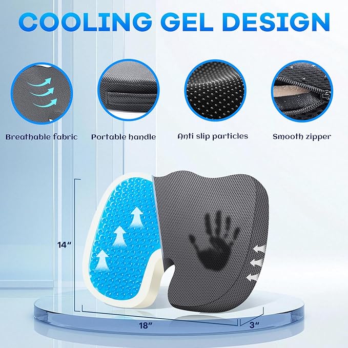 Gel Seat Cushion & Lumbar Support Pillow Set, Cooling Memory Foam for Coccyx & Lumbar Ergonomic Support, Ergonomic Desk Chair Cushion with Breathable Mesh Cover for Car, Home, Wheelchair (Grey)