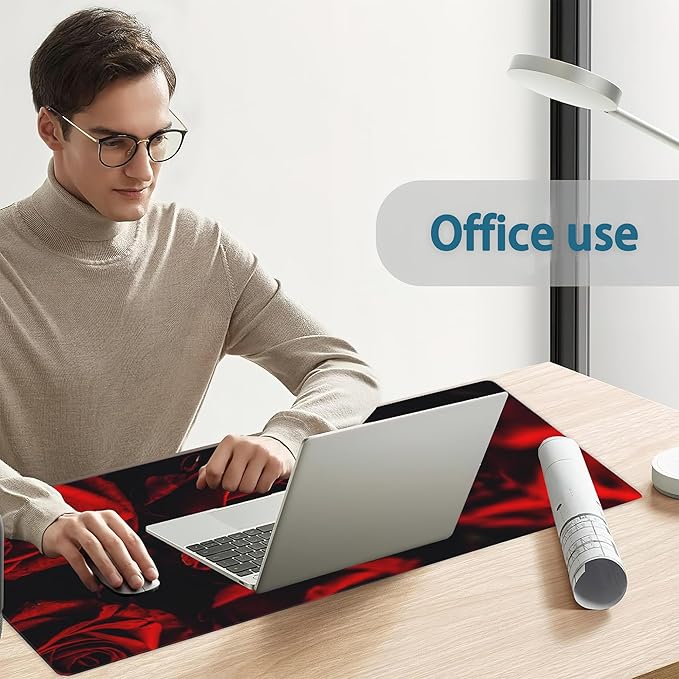 Rose Gaming Mouse Pad, Abstract Red Rose and Black Leaves Extended Mouse Pad Gaming Large,Desk Mat with Non-Slip Base and Stitched Edge,Long Computer Keyboard Mouse Mat for Home Office 31.5"x15.7"
