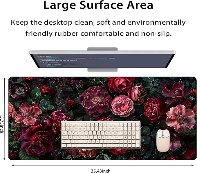 35.4 x 15.7 in, XXL Large Mouse Pad for Desk, Extended Keyboard Mouse Mat for Computer Office, Big Laptop Mouse pad, Gaming pc-Vintage Summer Romanticism Rose