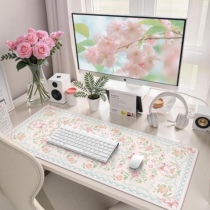 HAOCOO Blue Desk Mat, Cute Bow Keyboard Mat, Floral Desk Mouse Pad for Women, 35.4" x 15.7" Non-Slip Waterproof Desk Pad, Computer Mat with Edge Stitching for Office, Home Desk Cover