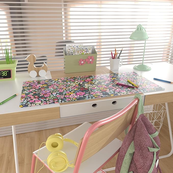Colorful Star Large Mouse Pad, Floral Desk Mat Office Supplies, Waterproof Faux Leather Big Gaming Mousepad for Women Girls, Blooming Flowers Desk Pad Home Office Décor Accessories 31.5" x 15.7"
