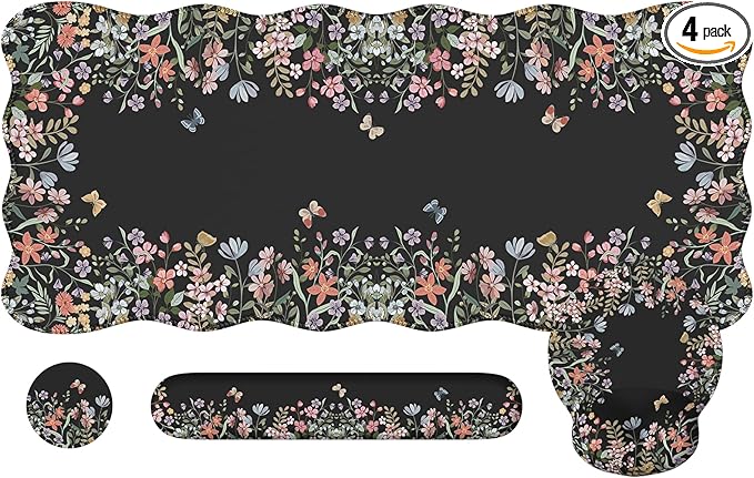 iCasso Desk Mat Set,Large Mouse Pad with Wrist Rest,Ergonomic Keyboard Wrist Support for Women,Girly Floral Computer Mat with Scalloped Edges,Non-Slip Desk Pad Home Office Gaming (Black)