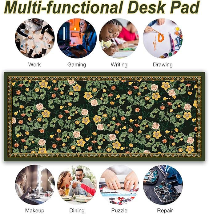 Desk Pad, ZAXOXAZ PU Leather Desk Pad Protector, 31.5" x 15.7" XXL Large Extended Flowers Mouse Pad, Big Desk Mat Floral Desk Blotter, Waterproof Desk Writing Pad for Office and Home(Green Flowers)