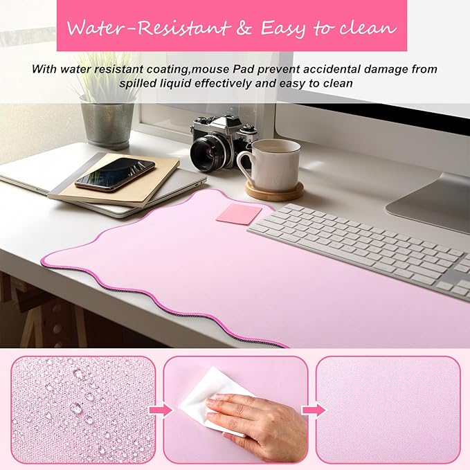 Scalloped Desk Mat Large Scalloped Piping Cute Desk Mat Aesthetic Preppy Table Pad Large Nonslip Pad with Edge Stitching Waterproof Gaming(Pink,36 x 17 Inches)