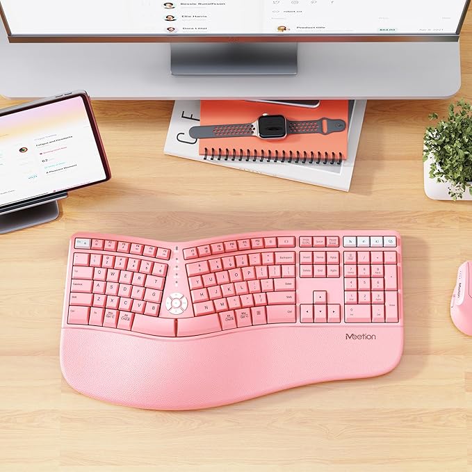 MEETION Ergonomic Keyboard with Cushioned Wrist Rest, Bluetooth Wireless Keyboard Rechargeable, Split Curved Keyboards Natural Typing, Full Size Multi-OS Windows/Mac, Computer/Laptop/Tablet/, Pink