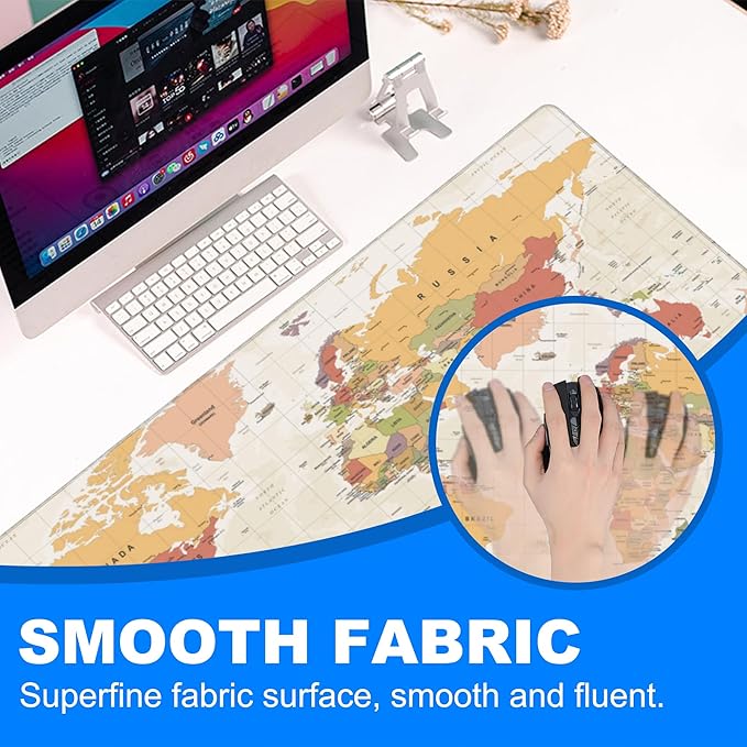 Desk Mat, Yellow Vintage World Map Extended Gaming Mouse Pad Large, 31.5"x11.8" Big Mouse Pad with Non-Slip Base and Stitched Edge, Long Computer Keyboard Mouse Mat for Home Office Work