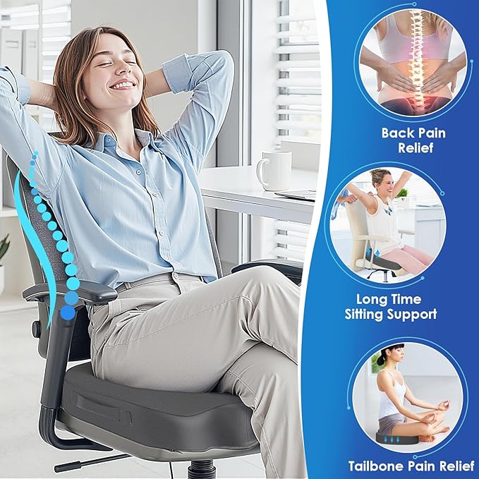 TushGuard Seat Cushion for Office Chair Memory Foam Non-Slip Cushion for Back, Coccyx & Tailbone Support, Ergonomic Butt Pillow for Office Chair, Car, Wheelchair, Grey, XX-Large