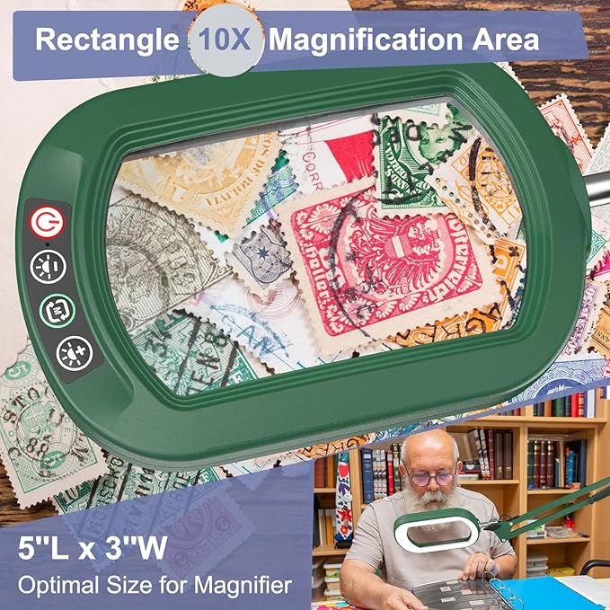 10X Extra Long Magnifying Glass with Light and Clamp, Real Glass, 5 Color Modes, Stepless Dimmable, Dual 16-inch Swing Arm, Lighted Magnifier Hands Free for Close Work, Craft, Reading, Painting, Green