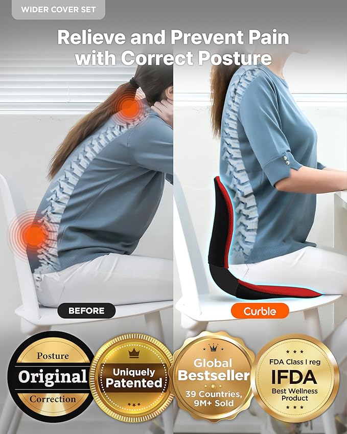 curble Wider(Standard Wide) Cover Set – Lower Back Support Chair with Detachable Cover, Lumbar Support Posture Corrector, Back Pain Relief (Set Red)