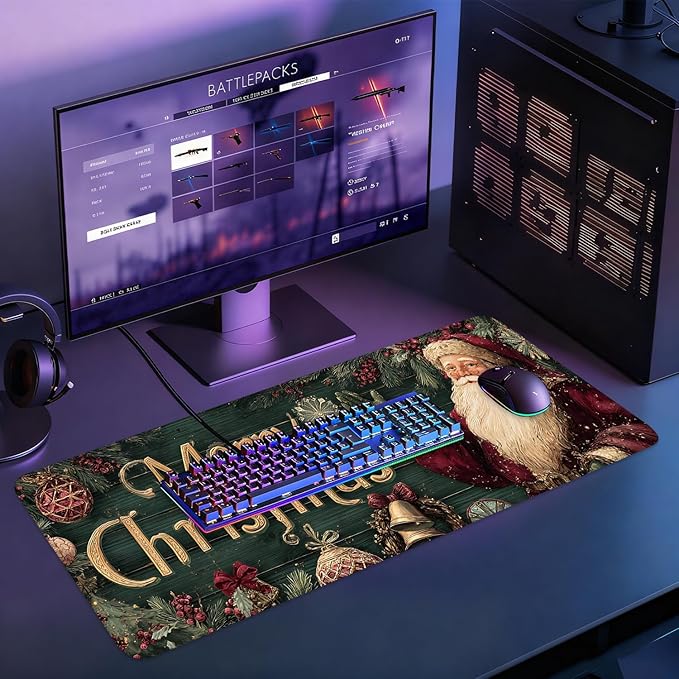 Desk Mat, XXL Extended Gaming Pad for Desktop, 31x12 Inches Vintage Santa, Large Non-Slip Vegan Leather Keyboard Mouse Mat for Home Office