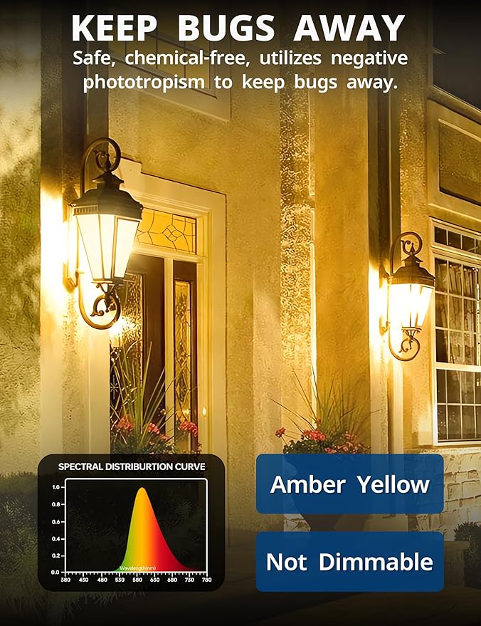 Yellow Bug Light Bulbs Outdoor, A19 LED Lights 9W, (60W to 100W Equivalent), Amber Yellow, Not-dimmable, E26 Base Bulb for Outside, Nursery, Sleep, Porch Garage, 4 Pack