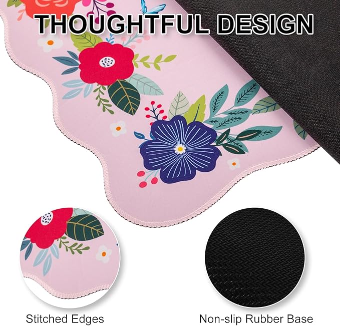 L-SPOUTTO Pink Mouse Pad,Floral Desk Mat XXL Large Scalloped Gaming Mousepad,35.4x15.7in Non-Slip Rubber Base Keyboard Pad Waterproof Girly Desktop Mat for Laptop Computer Game Home Office-Pink Floral