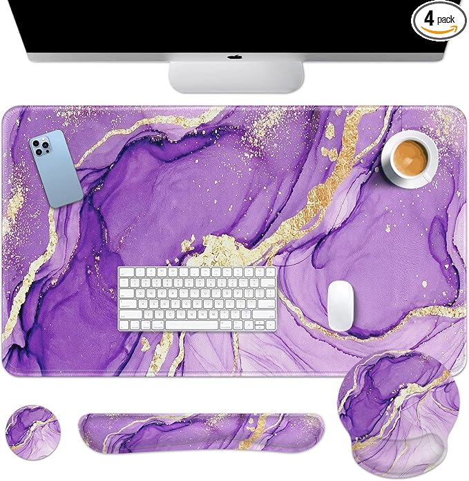 Arttown Purple Gold Marble Desk Mat Abstract Marble Mouse Pad Set 4 in 1 Ergonomic Design Large Mousepad + Keyboard Wrist Rest + Mouse Wrist Rest + Coaster Suitable for Home Office Study Game