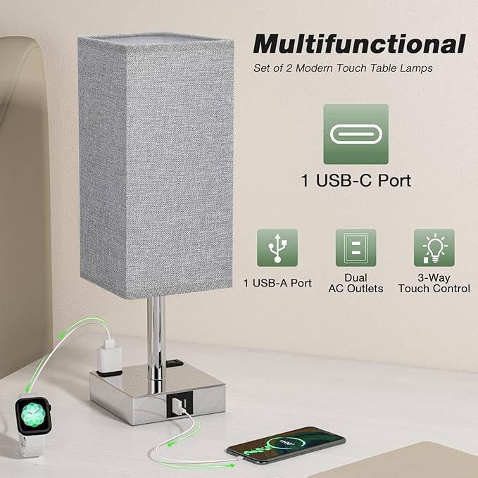 aooshine Gray Set of 2 Touch Lamp with USB Port-Nightstand Lamp with USB-C+A Charge Ports& AC Outlets, 3-Way Dimmable Bedside Lamp with Shade,Small Table Lamp for Bedroom Living Room(Bulb Included)