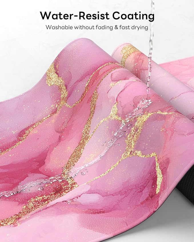 Pink Marble Mouse Pad, 31.5 x 11.8 Large Desk Mat with Stitched Edges & Non-Slip Base, Mousepad for Office, Home, Work