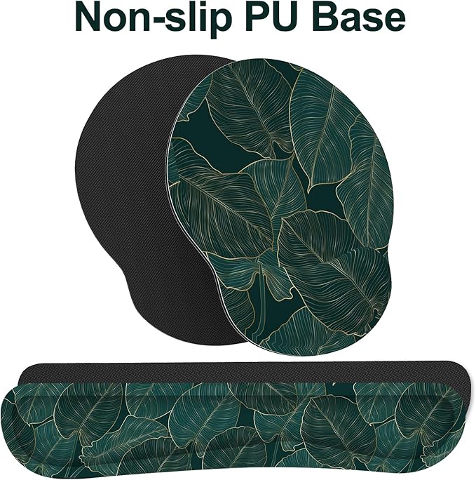 Ergonomic Mouse Pad with Wrist Rest and Keyboard Wrist Rest, Mousepad and Wrist Rest for Computer Keyboard, Non-Slip Base, Mouse Pad Wrist Support for Gaming, Office, Green Palm Leaf