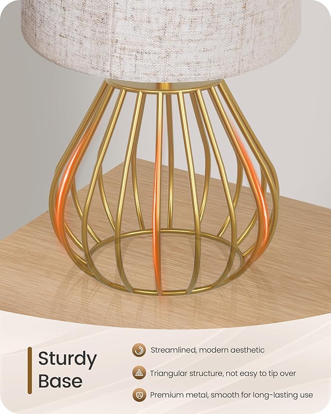 Gold Table Lamp, 12.6'' Small Table Lamp with Beige Linen Lampshade & Gold Cage Base, Modern Little Cute Desk Lamp, Bedside Lamp for Bedroom, Living Room, 2700K LED Bulb Included, DE06TL05