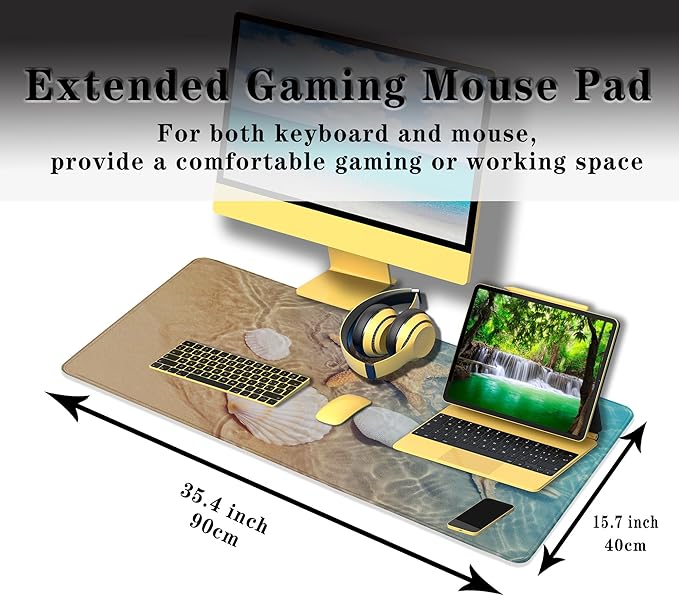 Large Mouse Pad Palm Starfish Seashell, Gaming Mouse Pads Office Desk Pads, Full Desk Mouse Pad Non-Slip Rubber Base, 35.4 X 15.7 inch for Work/Game/Office/Home Summer Beach Sea Sand Water