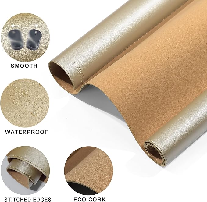 MAIDERN 40” x 24” Leather Desk Mat XL, Large Desk Pad, Reversible Cork & Leather Large Mouse pad for Desk, Waterproof Computer Desk Mat for Gaming Home Office (Golden)