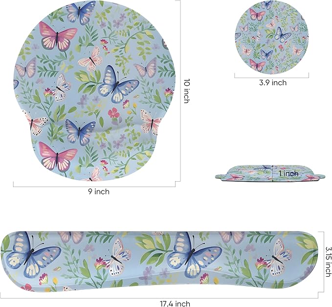 Ergonomic Keyboard Mouse Pad Wrist Rest Support Set for Laptop/Computer/Desktop,Memory Foam Hand Rest Wrist Cushion for Gaming/Office,Lightweight Comfortable (Butterflies)