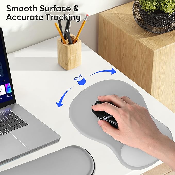 Wrist Rest Support for Mouse Pad Keyboard Set Circle Coaster Gaming Mouse Pad Ergonomic Gel Memory Foam Set for Computer, Laptop, Office, Comfortably Typing Grey KM-31