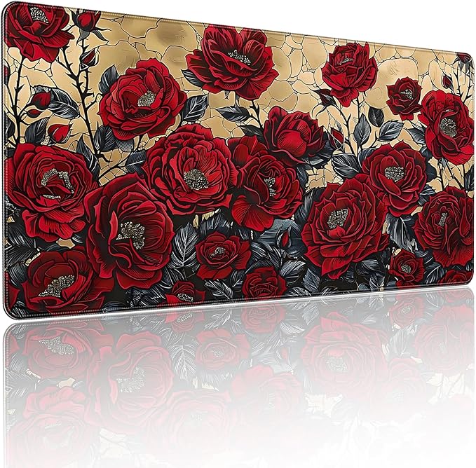 XXL Large Gaming Mouse Pad, 35.4 x 15.7 inches, with Non Slip Rubber Base, Extended Keyboard Pad for Home Computer Office Workstations, Large Laptop Mouse Pads Red Roses