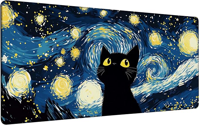 Large Mouse Pad 35.4x15.7 Inch Starry Night Black Cat Gaming Desk Mat with Non-Slip Rubber Base, Stitched Edges for Gaming,Office